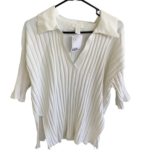 🆕 H&M Ribbed Top with Collar Women’s Size Medium Sweater - Picture 1 of 6